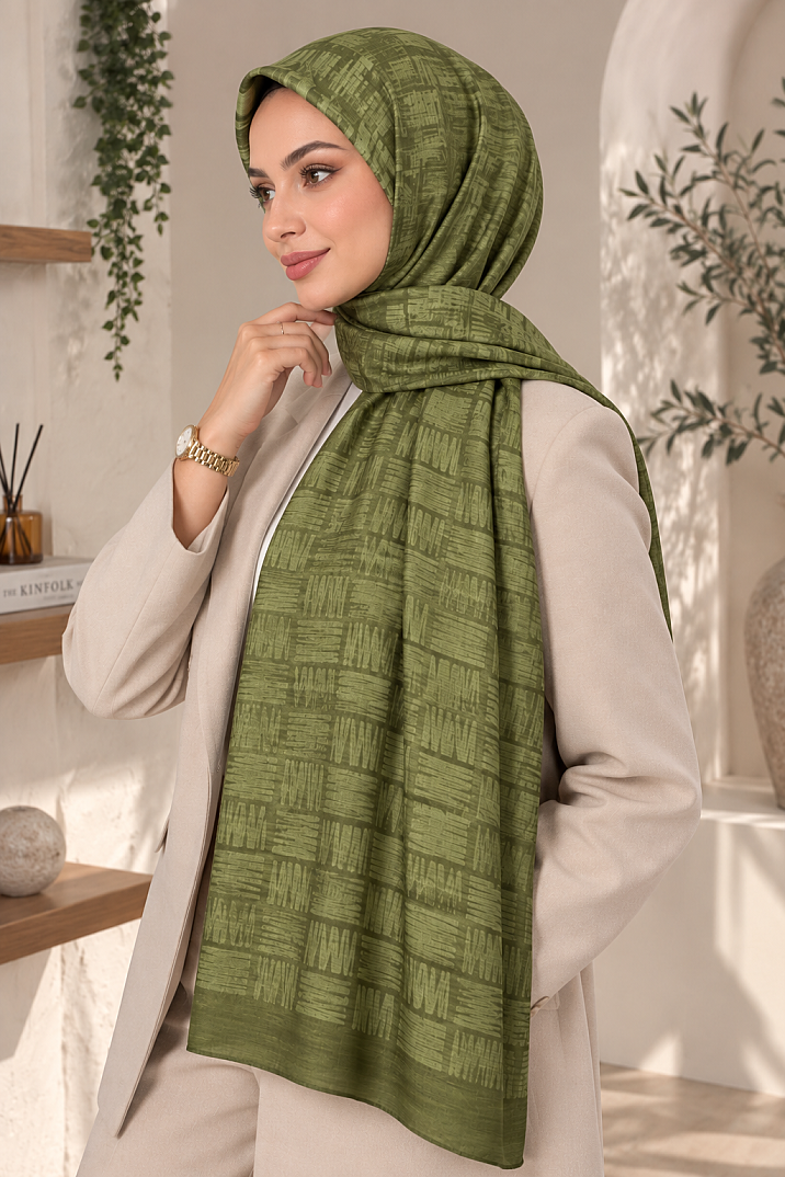 Zigzag Desen Premium Ayrobin Jakar Şal - Haki - 1