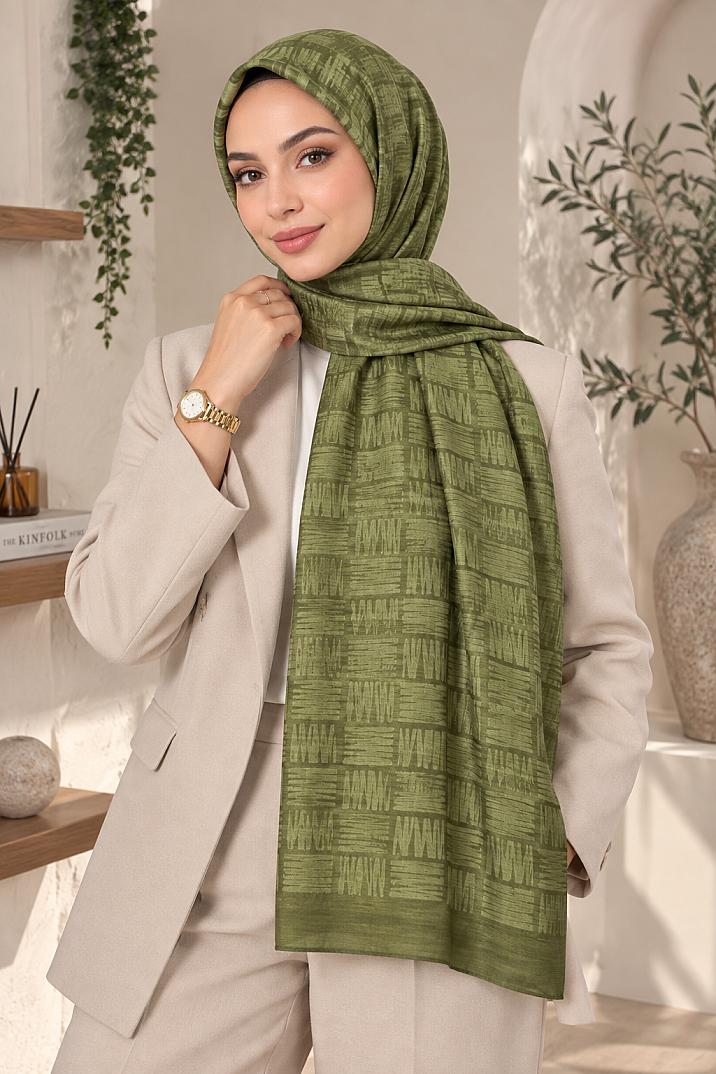 Zigzag Desen Premium Ayrobin Jakar Şal - Haki - 2