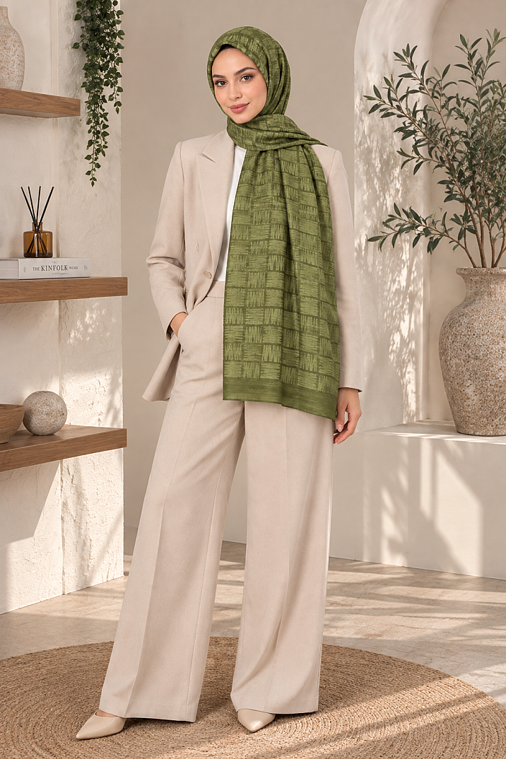 Zigzag Desen Premium Ayrobin Jakar Şal - Haki - 3