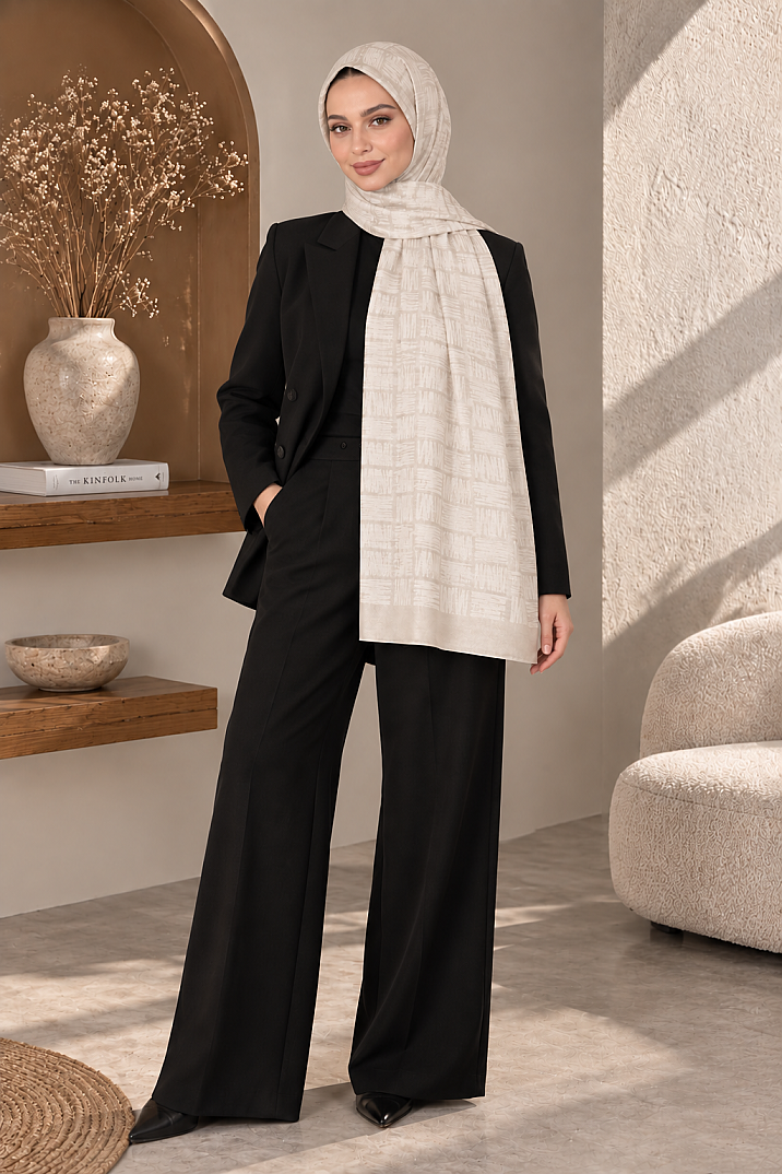 Zigzag Desen Premium Ayrobin Jakar Şal - Krem - 1