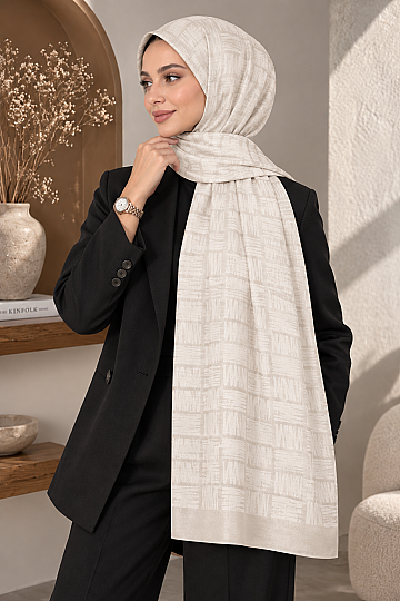Zigzag Desen Premium Ayrobin Jakar Şal - Krem - 3