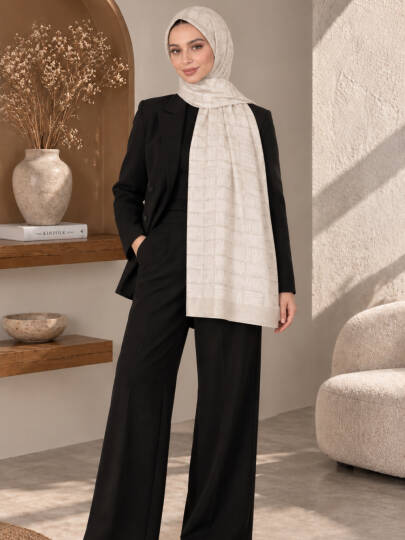 Zigzag Desen Premium Ayrobin Jakar Şal - Krem - 22046-KREM 