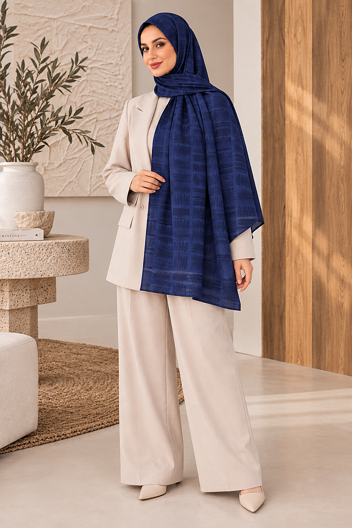 Zigzag Desen Premium Ayrobin Jakar Şal - Lacivert - 1