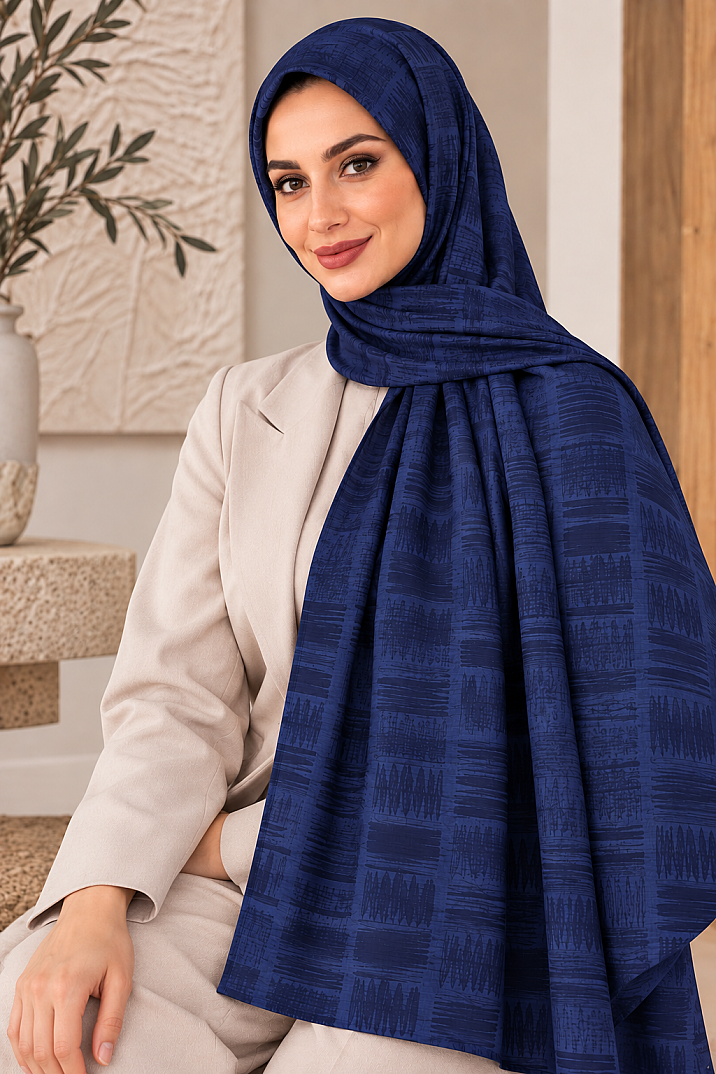 Zigzag Desen Premium Ayrobin Jakar Şal - Lacivert - 3