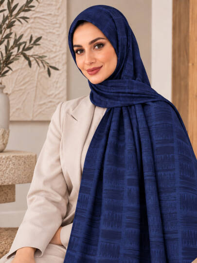 Zigzag Desen Premium Ayrobin Jakar Şal - Lacivert - 22046-LACIVERT 