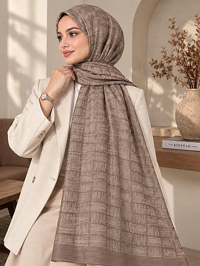 Zigzag Desen Premium Ayrobin Jakar Şal - Vizon - 2
