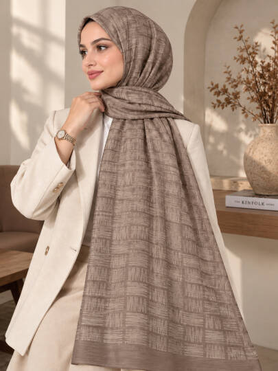 Zigzag Desen Premium Ayrobin Jakar Şal - Vizon - 22046-VIZON 