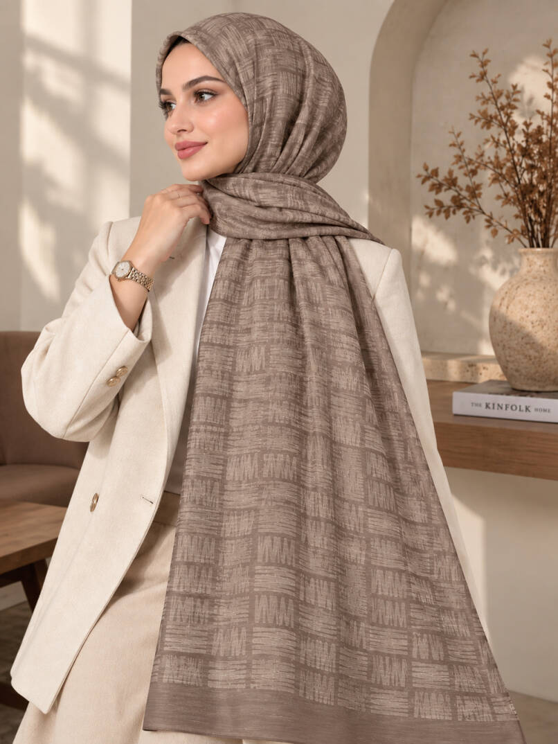 Zigzag Desen Premium Ayrobin Jakar Şal - Vizon - 22046-VIZON - 1