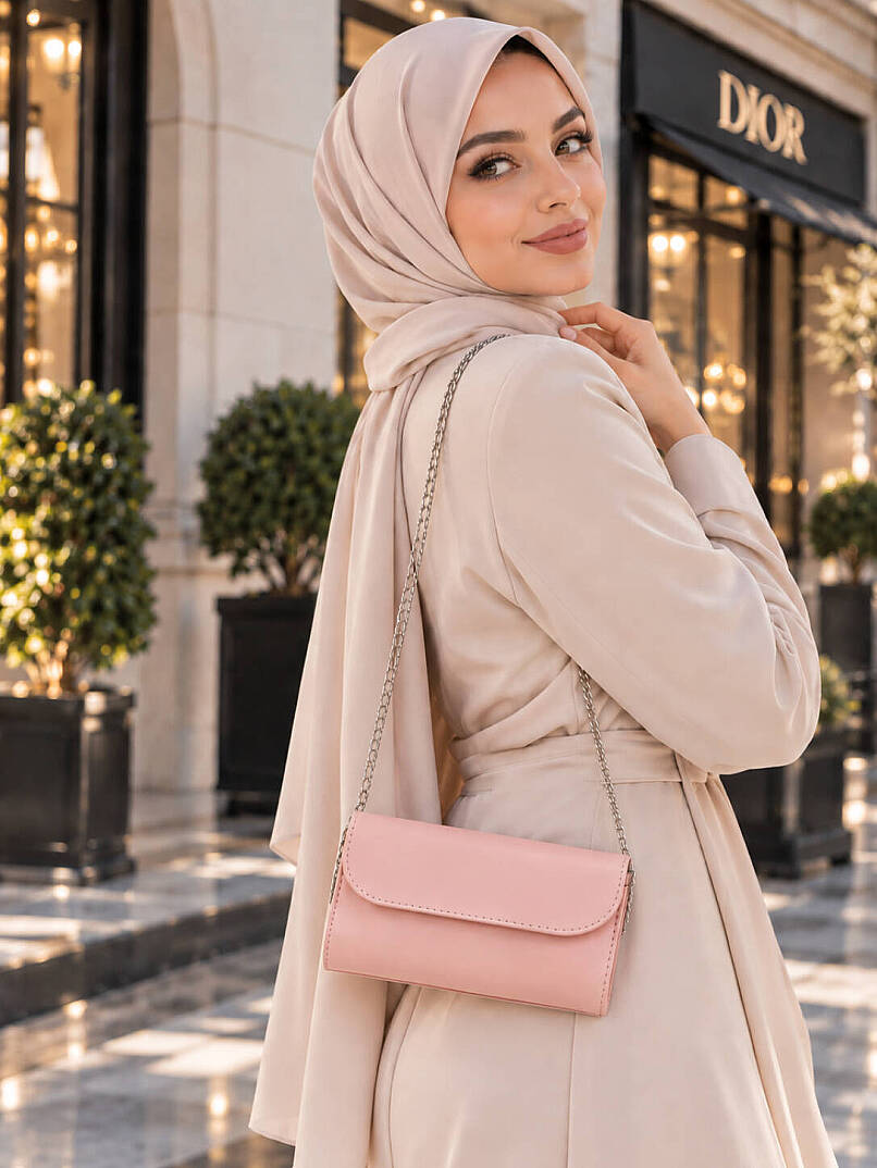 Zincir Askılı Sade Kapaklı Abiye Çanta - Pembe - 1