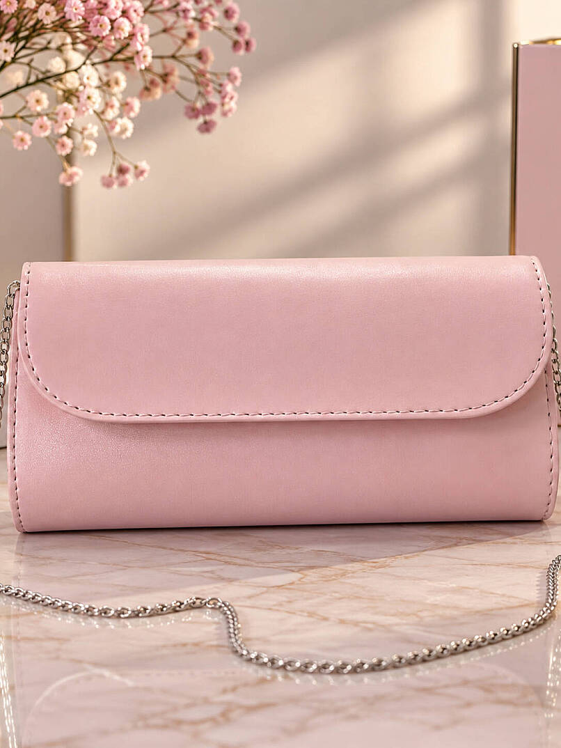 Zincir Askılı Sade Kapaklı Abiye Çanta - Pembe - 3