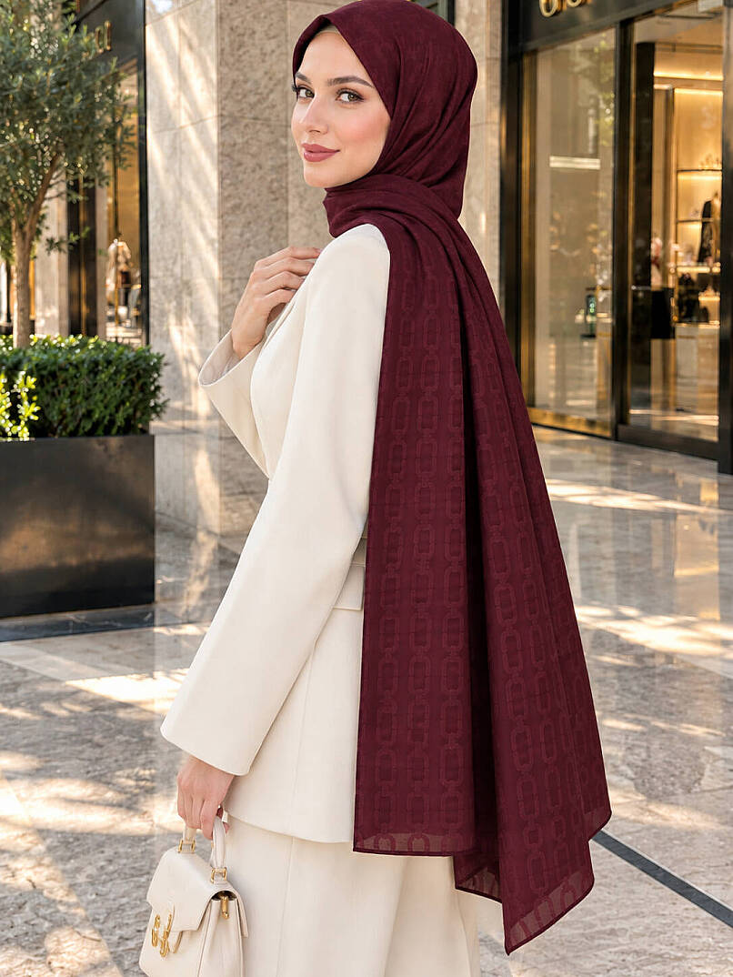 Zincir Desen Ayrobin Jakar Şal - Bordo - 3