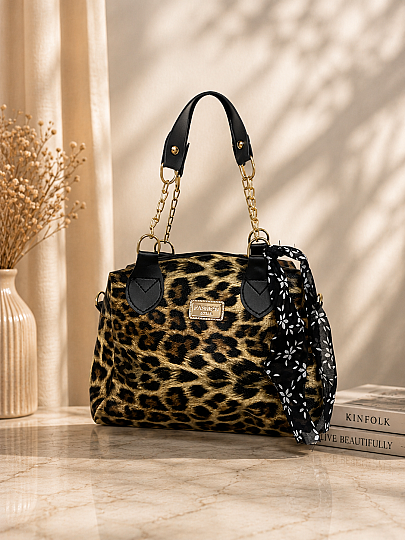 Zincir Detaylı Fularlı Leopar Çanta - Leopar - 2