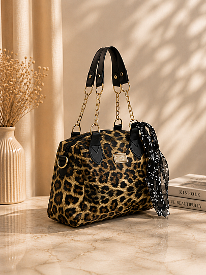 Zincir Detaylı Fularlı Leopar Çanta - Leopar - 3
